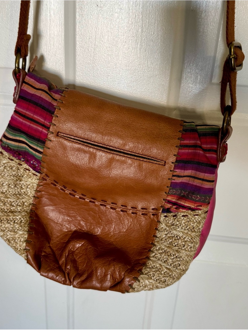 The Sak Brown Leather & Straw Crossbody with Pink and Multicolor Stripe